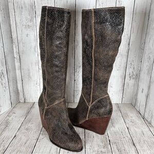 Fossil Tall Boots Distressed Brown Leather Bohemian Wedge Heels Size 9 NEW